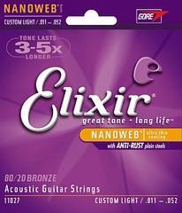 Elixir 11027 NANOWEB Струны для акустической гитары, Custom Light, бронза, 11-52