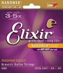 Elixir 16002 NANOWEB Струны для акустической гитары, Extra Light, фосфорная бронза, 10-47